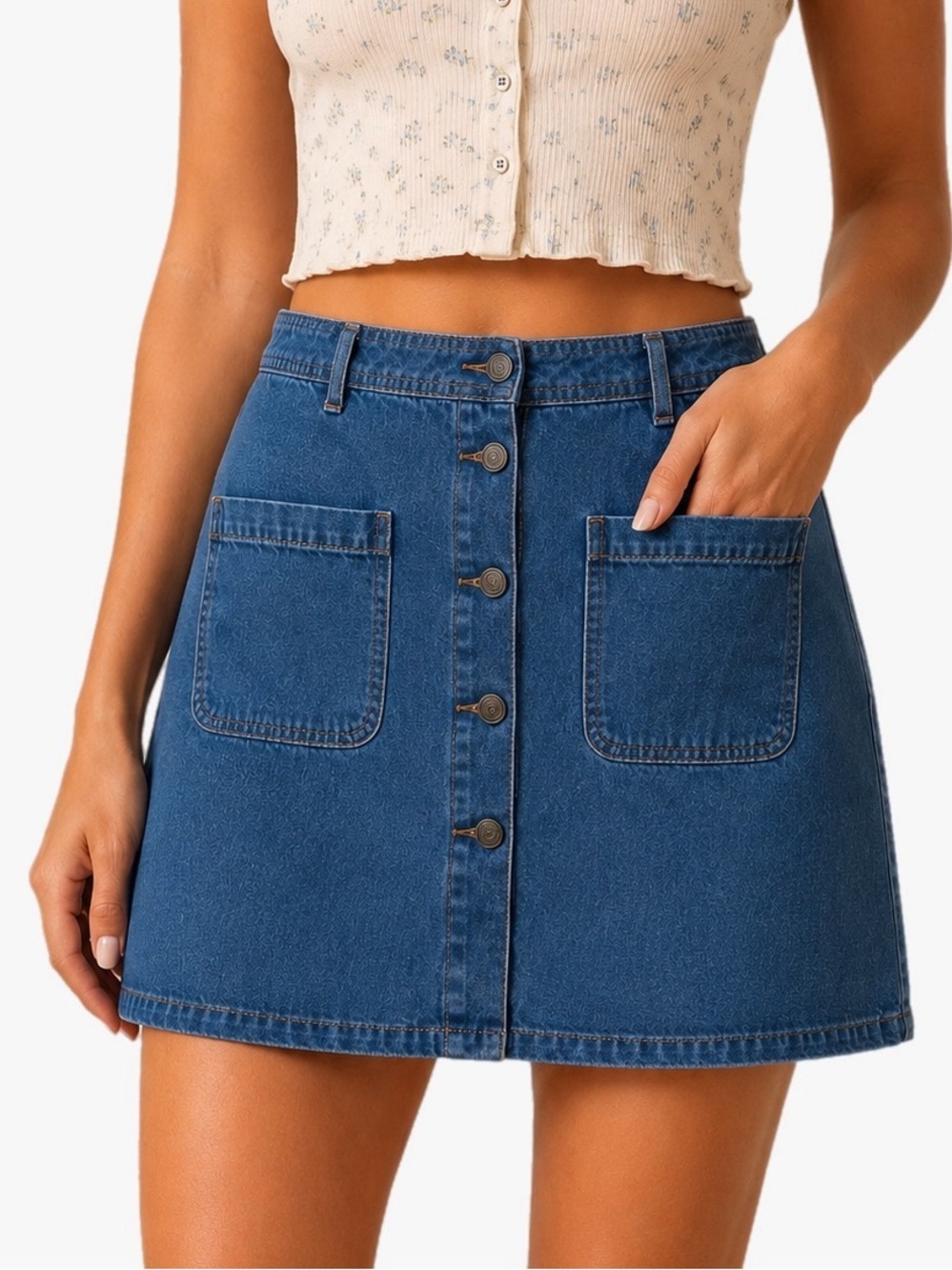 Old Navy Denim Button Front Mini Skirt Size 12 Blue Jean Casual Pockets A-Line